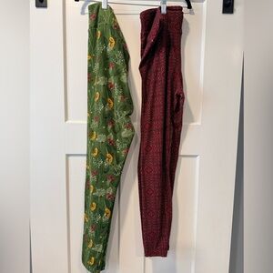 LuLaRoe 2 Pairs Floral Green and Geometric Red Leggings Long and Curvy